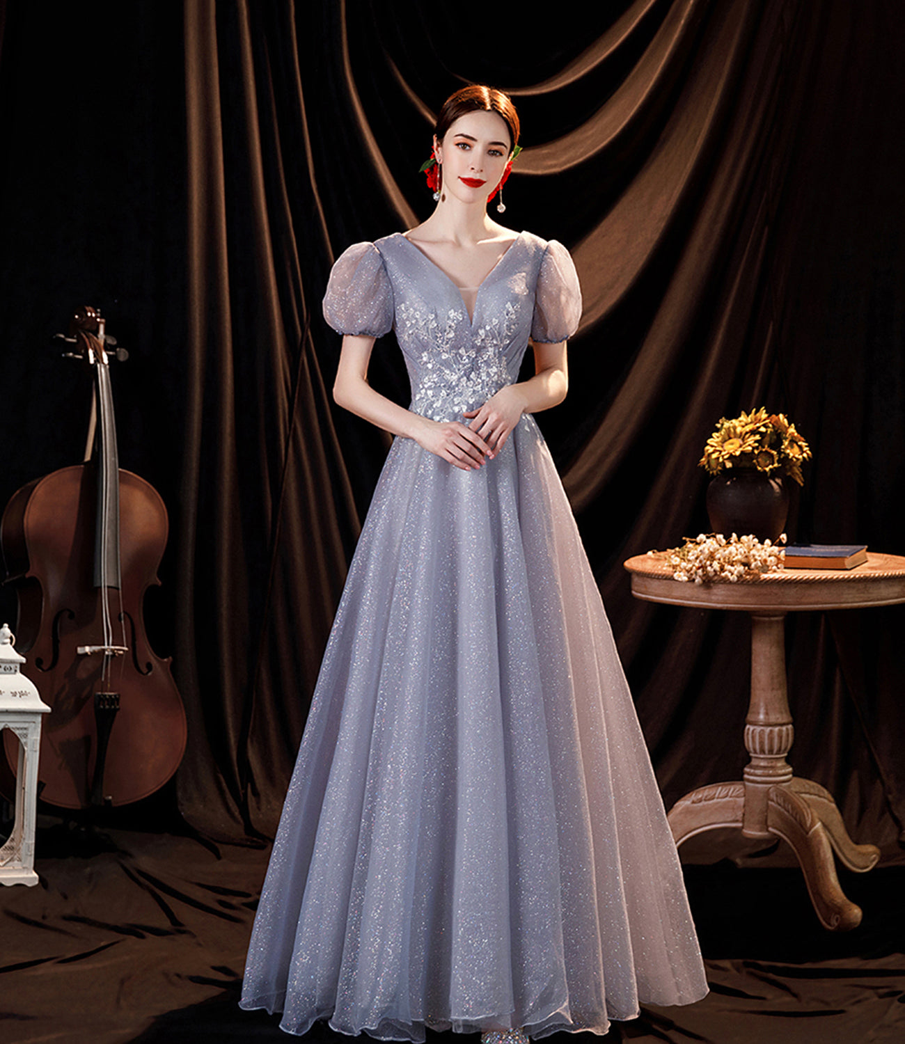 Gray tulle sequins long A line prom dress evening dress  8814