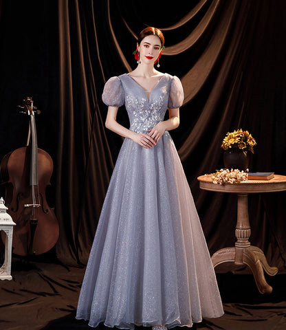 Gray tulle sequins long A line prom dress evening dress  8814