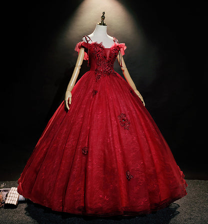 Burgundy lace long ball gown dress formal dress  8618