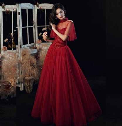 Burgundy tulle sequins long ball gown dress evening gown  8954