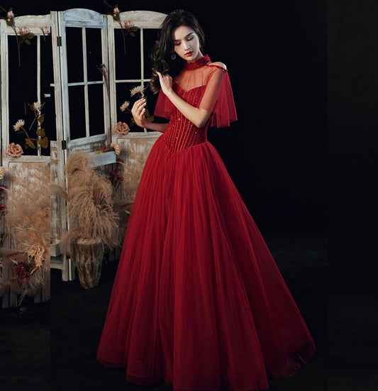 Burgundy tulle sequins long ball gown dress evening gown  8954