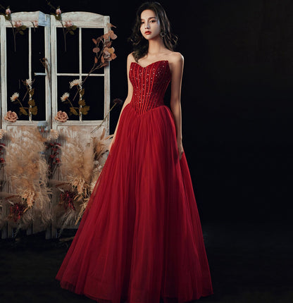 Burgundy tulle sequins long ball gown dress evening gown  8954