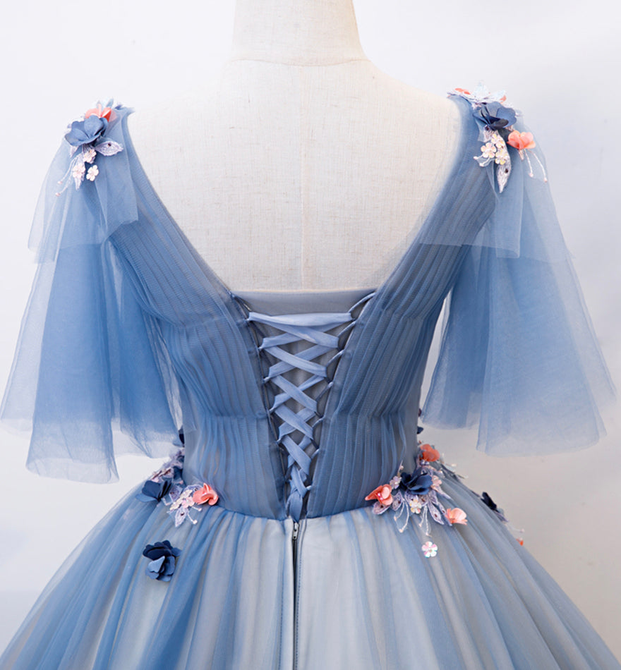 Blue v neck tulle long prom gown formal dress  8478