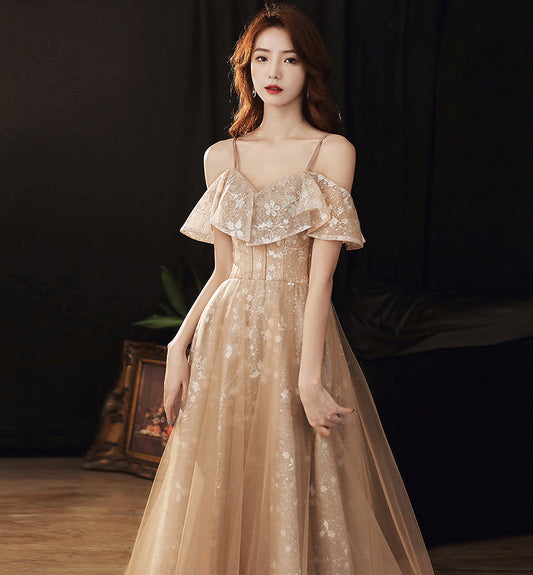 Cute tulle lace long prom dress evening dress  8461