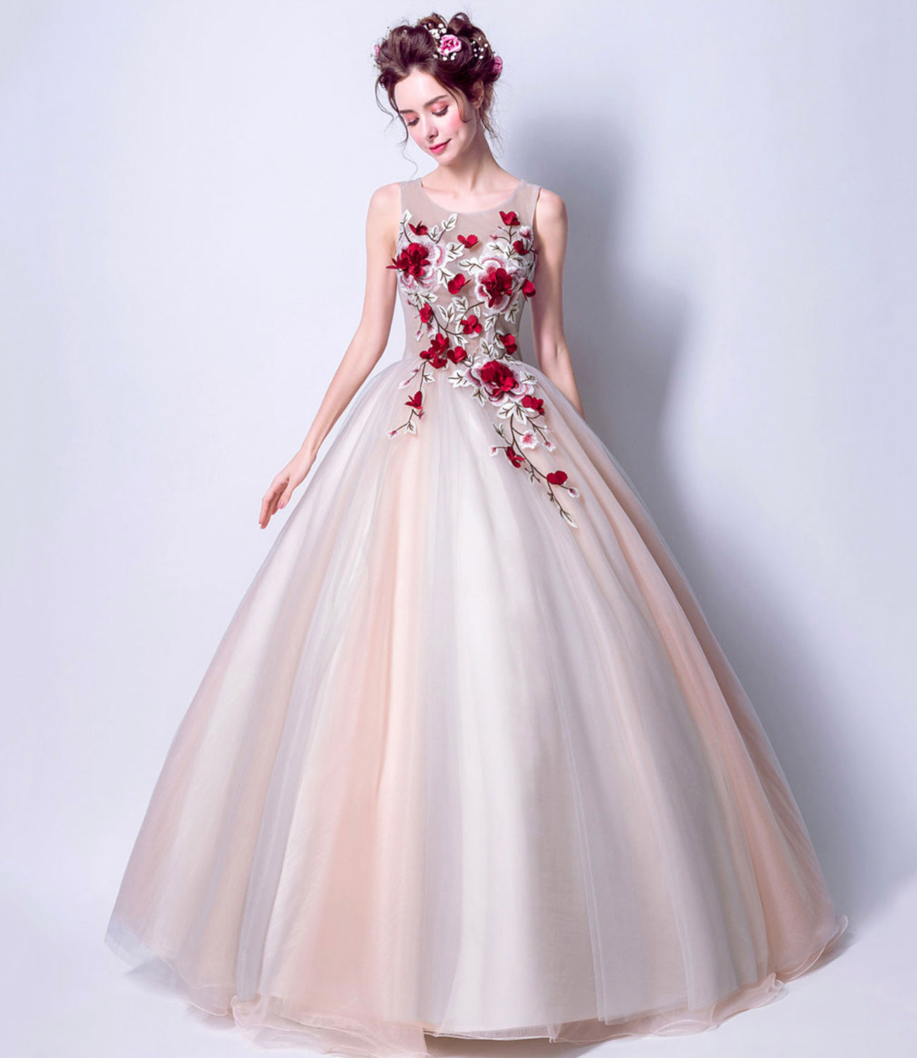 Elegant tulle applique long A line prom dress evening dress  8802