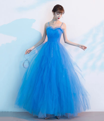 Blue tulle long A line prom dress blue evening dress  8904