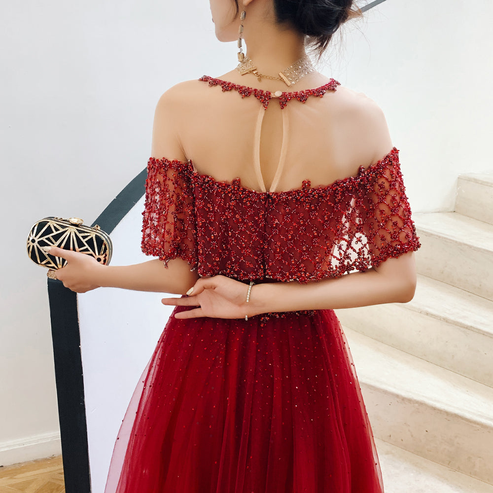 High quality burgundy beads long prom gown formal dress  8401