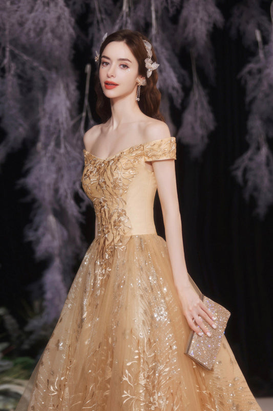 Gold tulle sequins long A line prom dress evening dress  8861