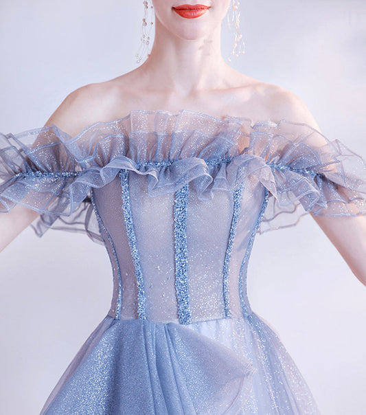 Blue tulle sequins long ball gown dress formal dress  8543
