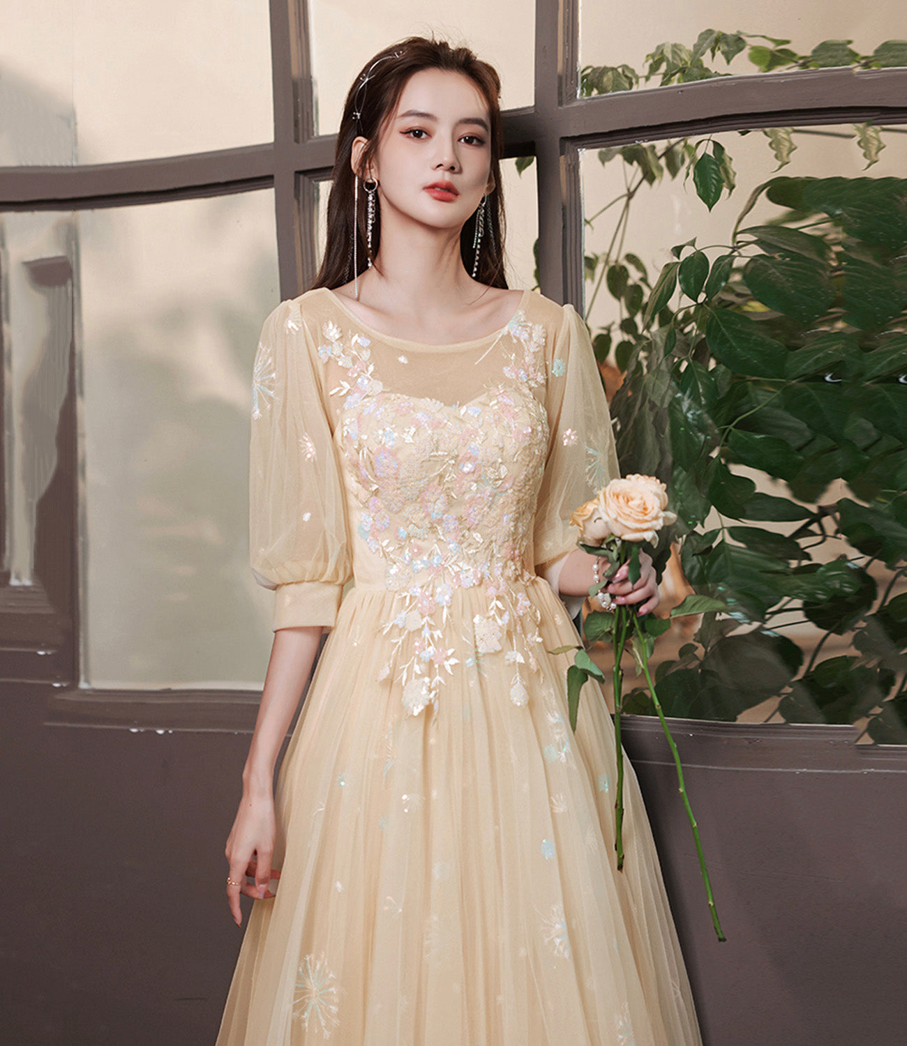 Champagne tulle lace long prom gown evening gown  8944