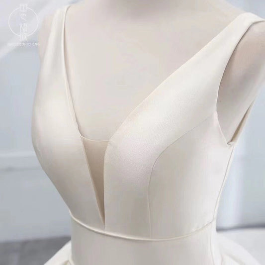 White v neck satin long ball gown dress formal dress  8870