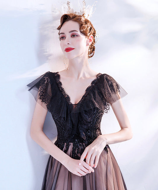 Black v neck tulle long prom dress evening dress  8512