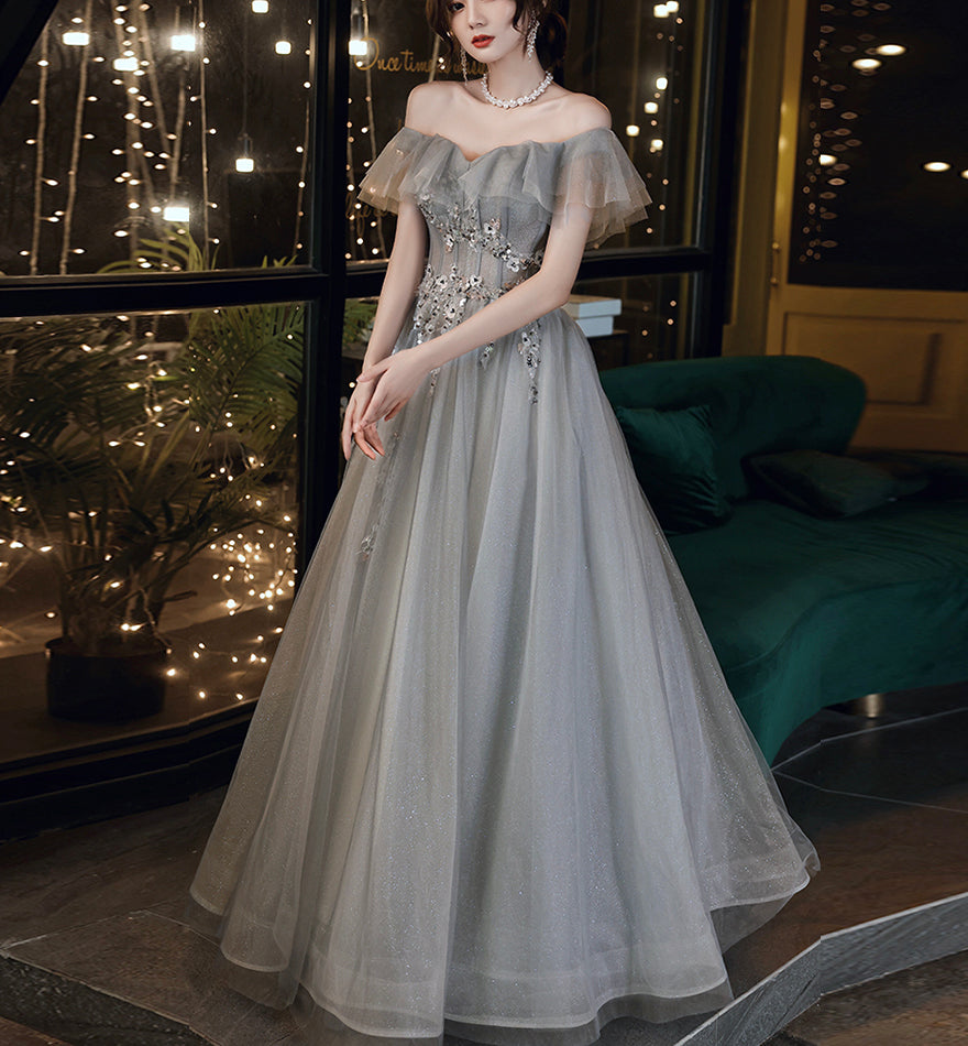 Gray tulle lace long prom dress evening dress  8436