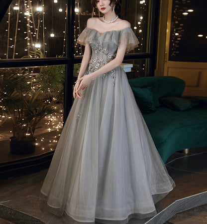 Gray tulle lace long prom dress evening dress  8436