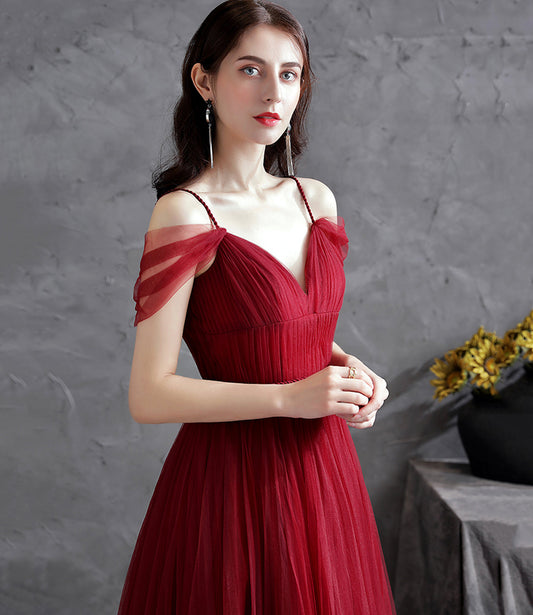 Burgundy v neck tulle long prom dress evening dress  8871