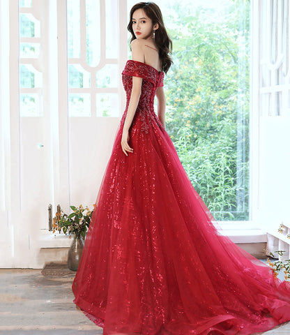 Red tulle sequins long prom dress evening dress  8969