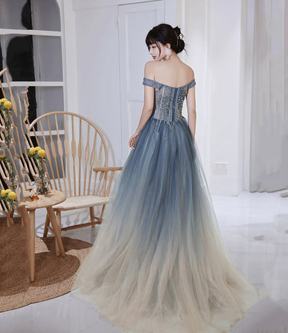 Gray tulle beads long prom dress evening dress  8991