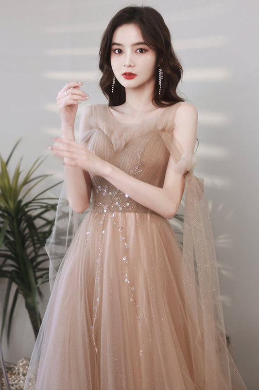 Cute tulle sequins long A line prom dress evening dress  8705