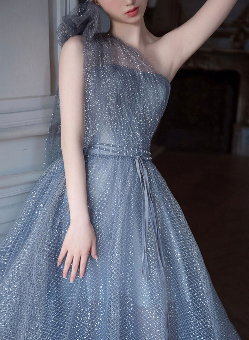 Blue tulle sequins long prom dress one shoulder evening dress  8426