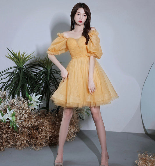 Yellow tulle short prom dress party dress  8975