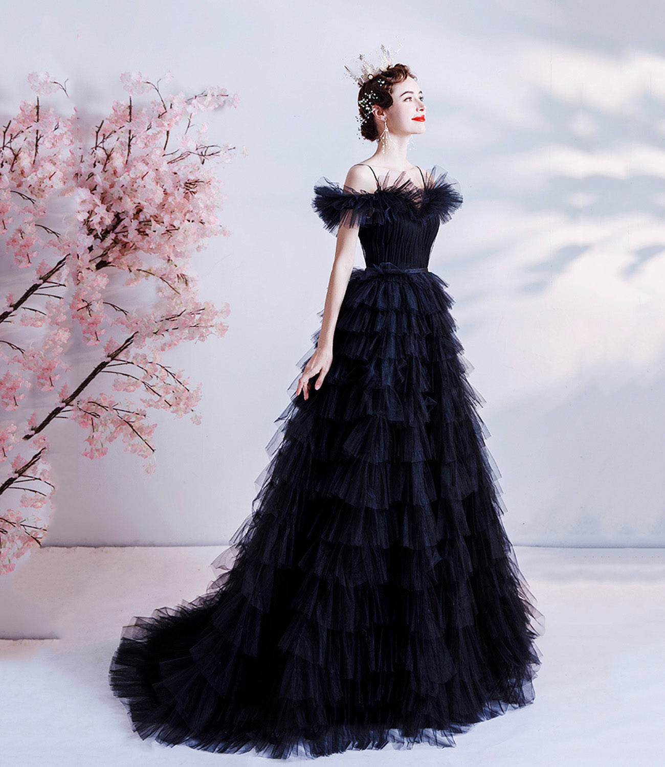 Black tulle long A line prom dress black evening dress  8924