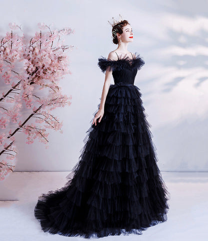 Black tulle long A line prom dress black evening dress  8924