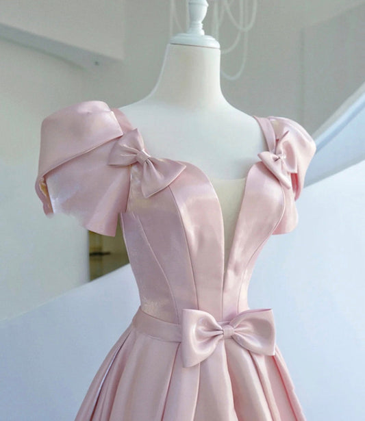 Pink satin long A line prom dress pink evening dress  8938