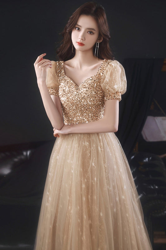 Gold tulle beads long A line prom dress evening dress  8860