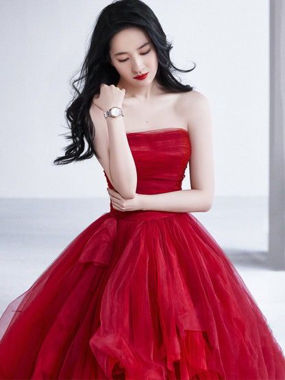 Red tulle long A line prom dress red evening dress  8902