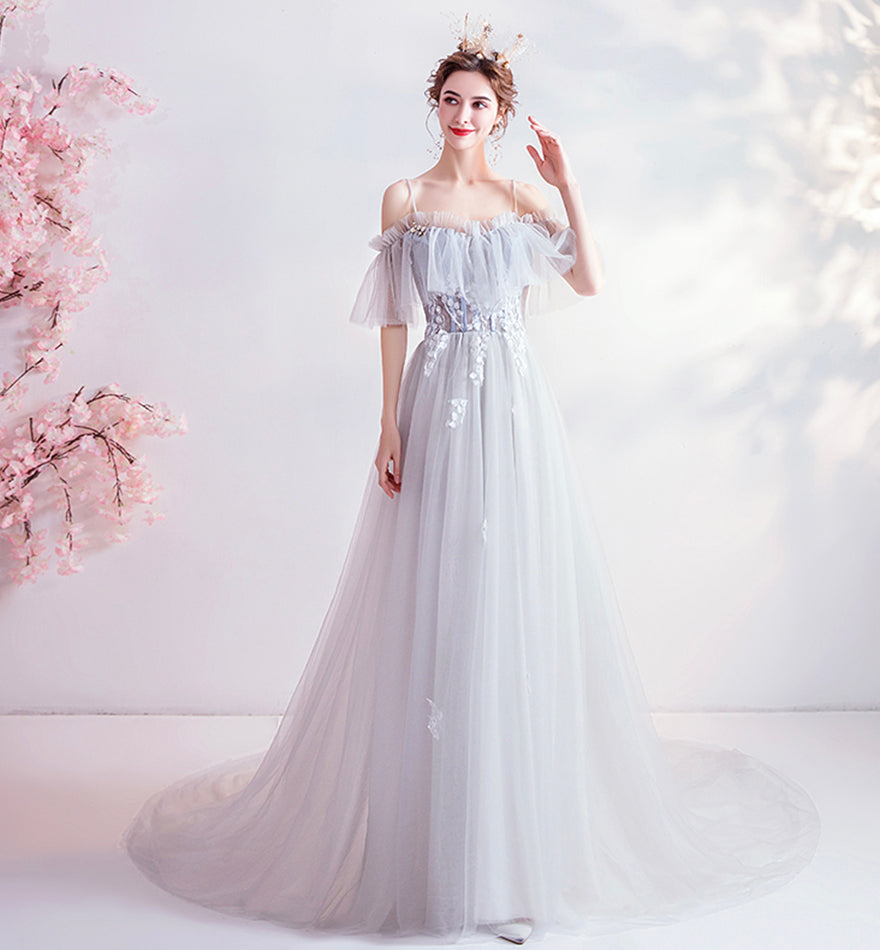 Gray tulle lace long prom dress evening dress  8453