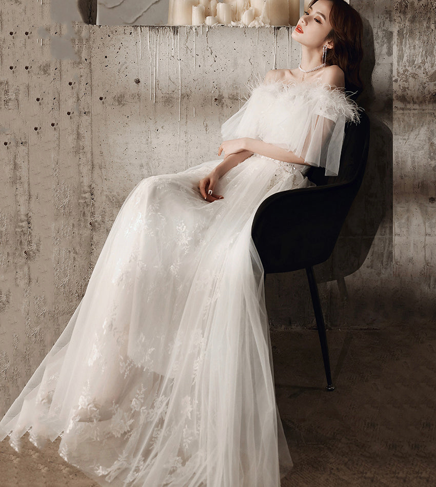 Unique tulle sequins long prom dress white evening dress 8534