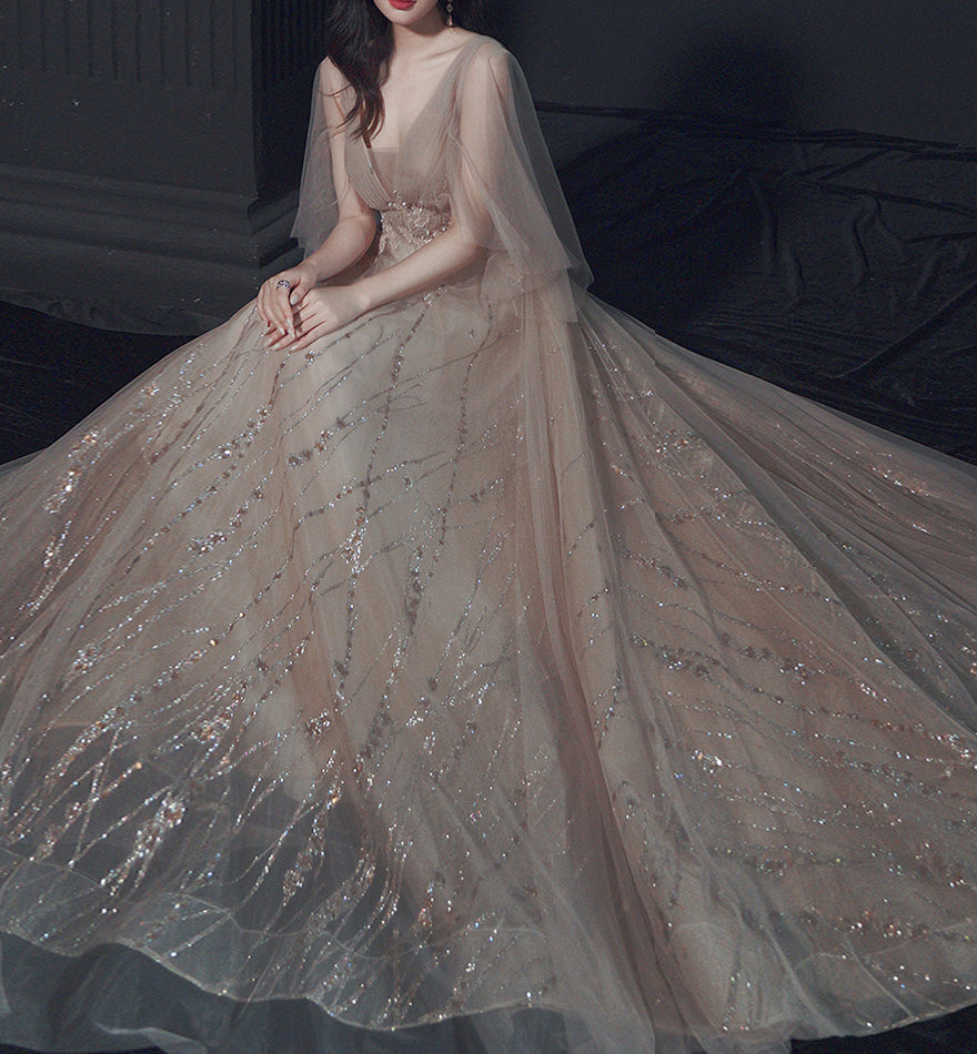 Champagne lace sequins long ball gown dress formal dress  8474
