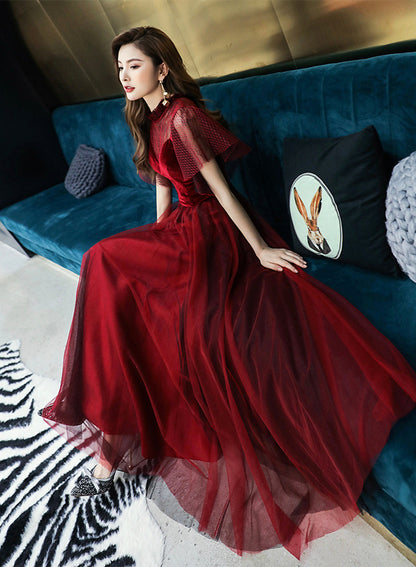 Burgundy velvet tulle prom dress burgundy evening dress  8380