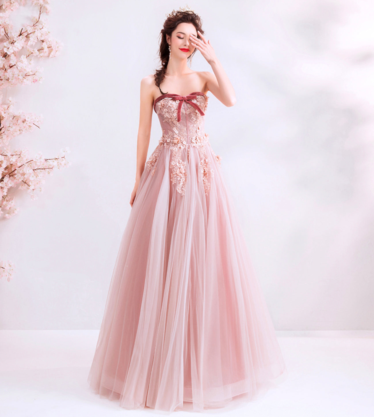 Cute tulle lace long A line prom dress evening dress  8565