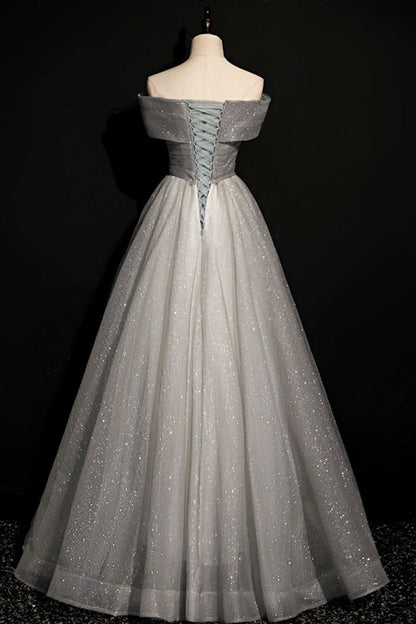 Gray tulle sequins long A line prom dress evening dress  8701