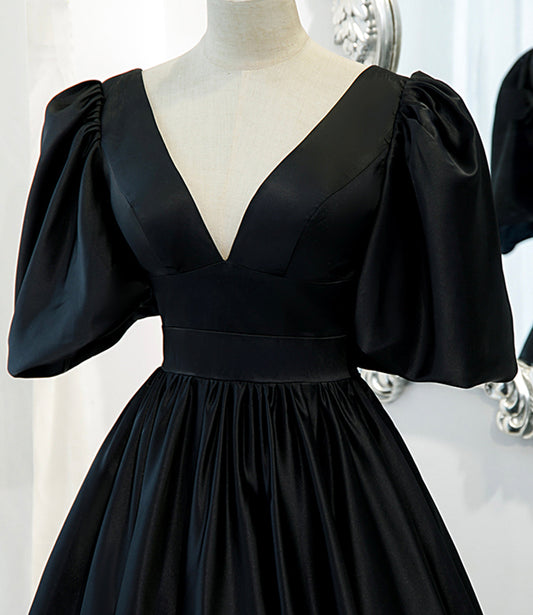 Black v neck satin long A line prom dress evening dress  8846