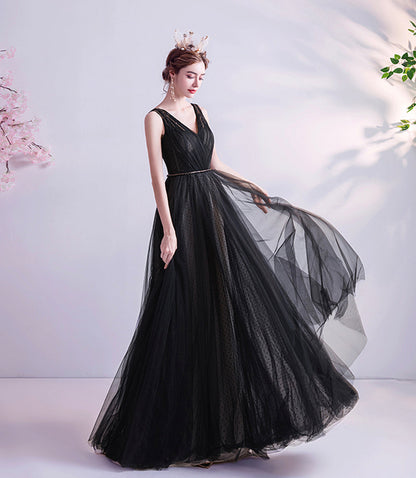 Black v neck tulle beads prom dress evening dress  8519