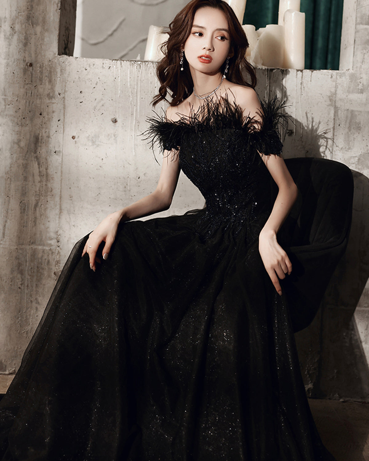 Black tulle beads long A line prom dress evening dress  8706