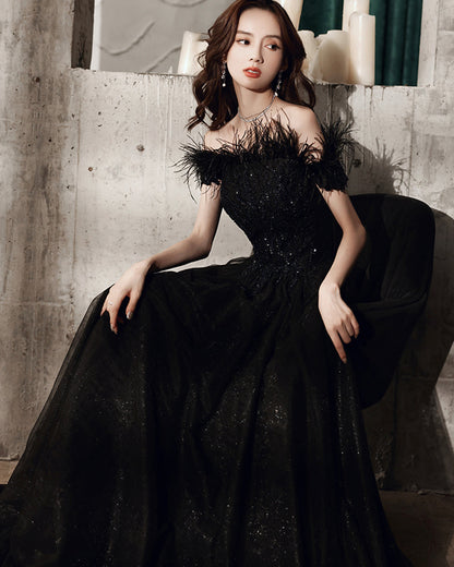 Black tulle beads long A line prom dress evening dress  8706