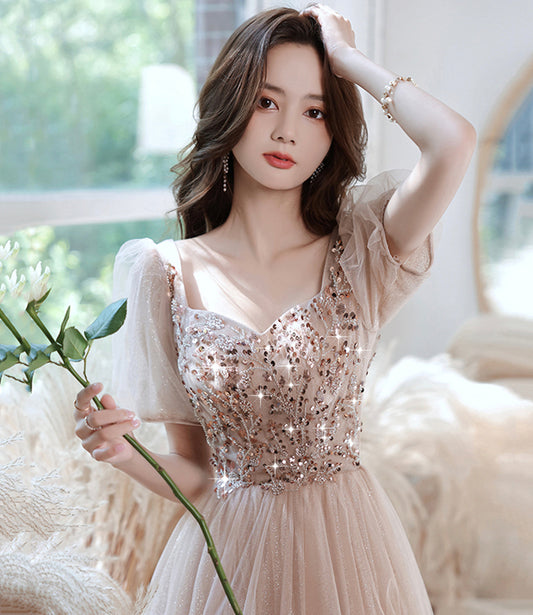 Champagne tulle beads short prom dress homecoming dress  8989