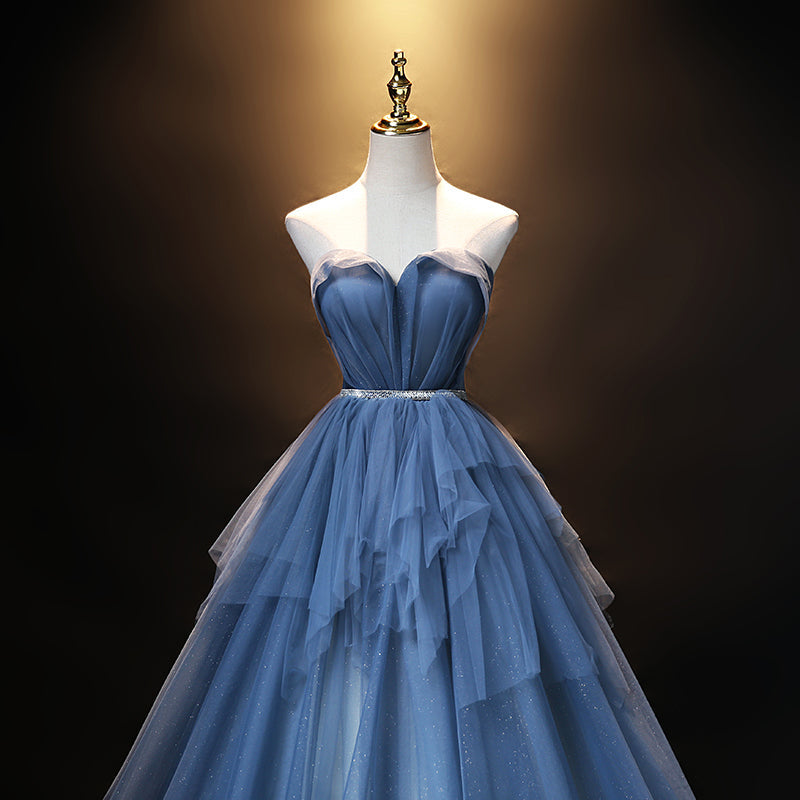 Blue tulle long A line prom dress blue evening dress  8909