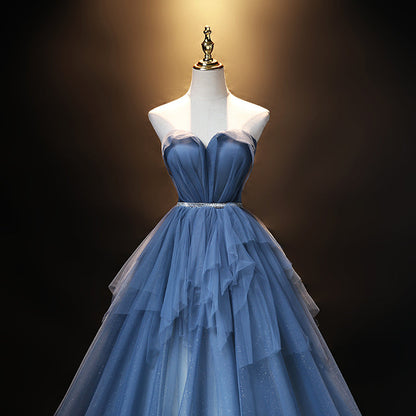 Blue tulle long A line prom dress blue evening dress  8909