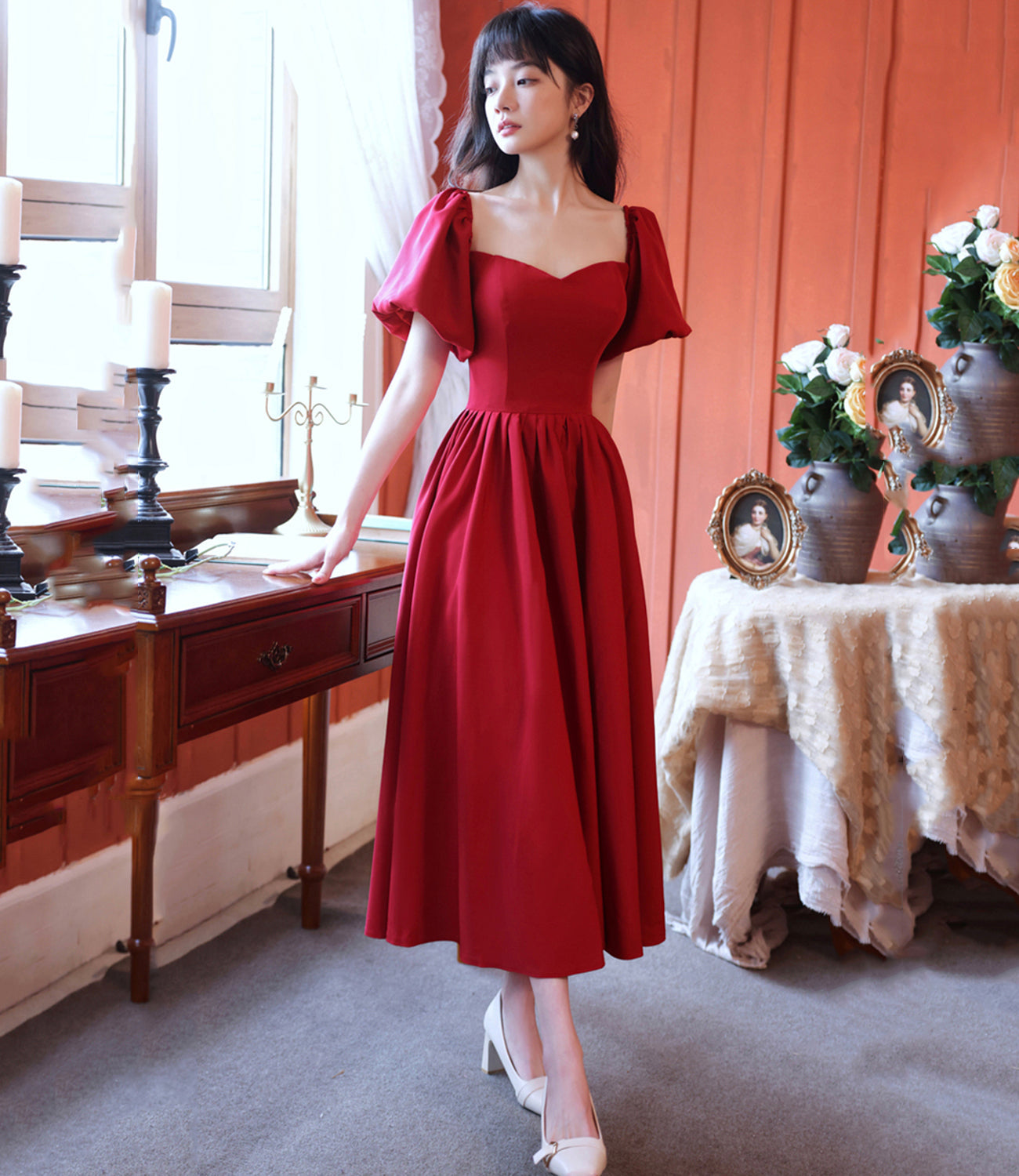Red A line short prom dress red evening dress  8833