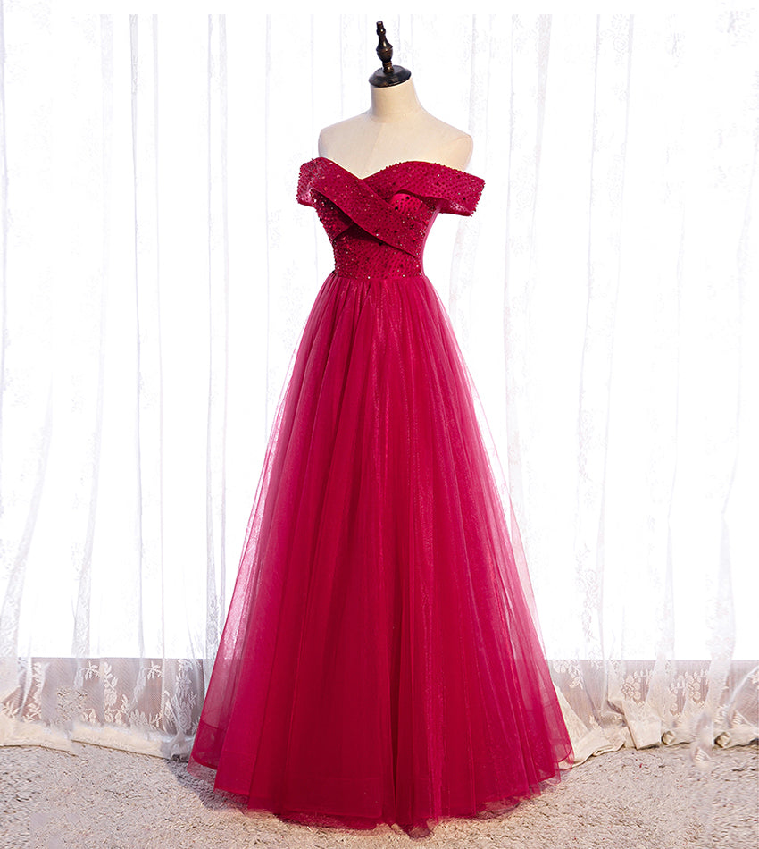 Red tulle beads long prom dress red evening dress  8427