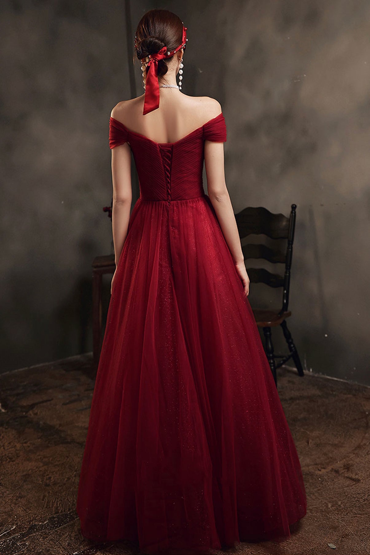 Burgundy tulle long A line prom dress evening dress  8679