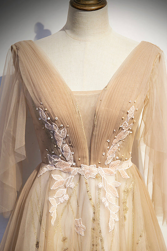 Champagne v neck lace long prom dress A line evening dress  8595