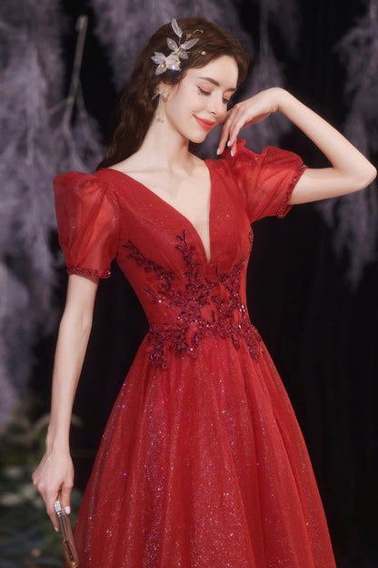 Red v neck tulle long A line prom dress evening dress  8738