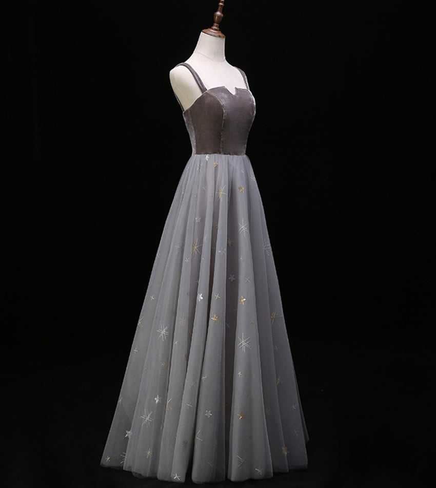 Gray velvet tulle prom dress evening dress  8390