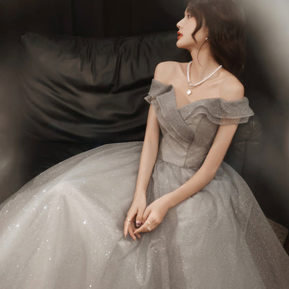 Cute tulle sequins long prom dress A line evening dress  8965