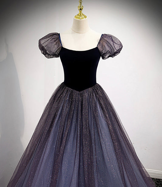 Black and purple tulle long prom dress evening dress  8879